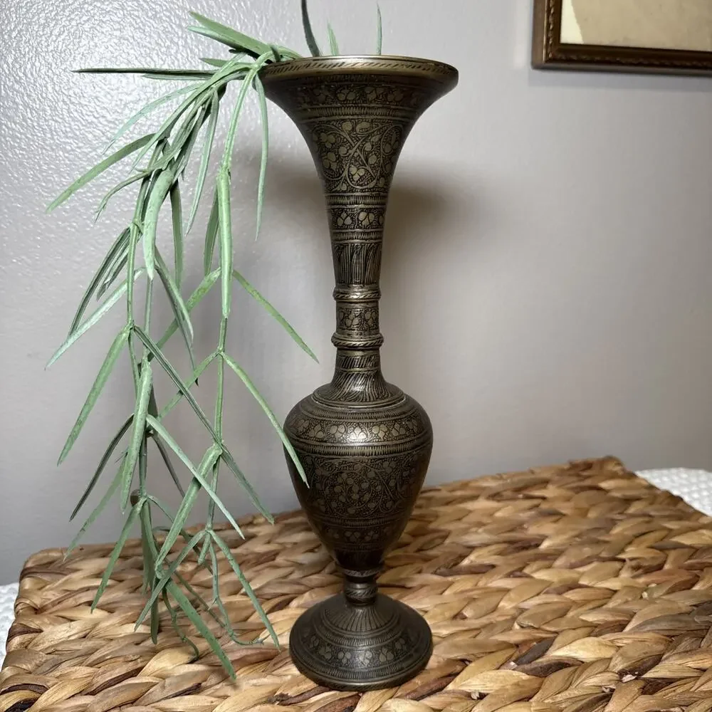 VTG Hand Etched Aged Brass Vase 10” Tall Engraved Indian Middle Eastern Decor